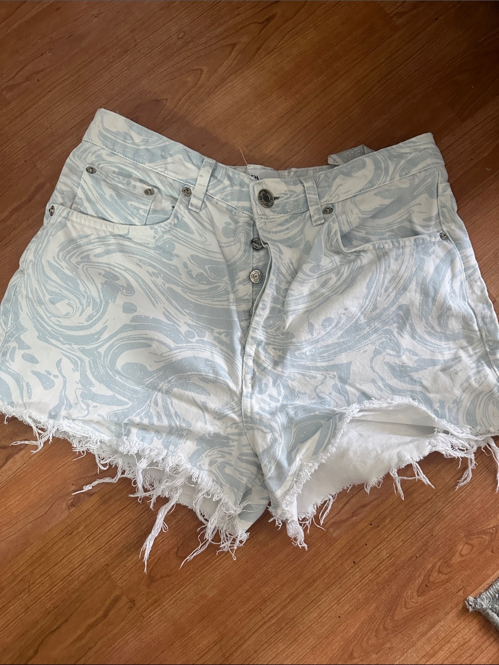 Zara Light Blue and White Marble-Print Denim Shorts